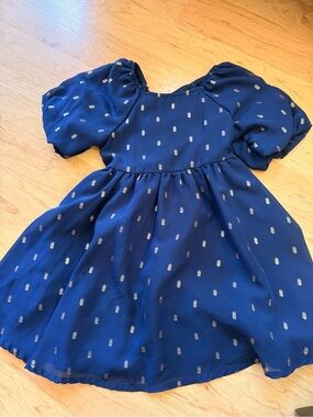 Girls Navy Puff-Sleeve Party Dress with Metallic Dot Detail
